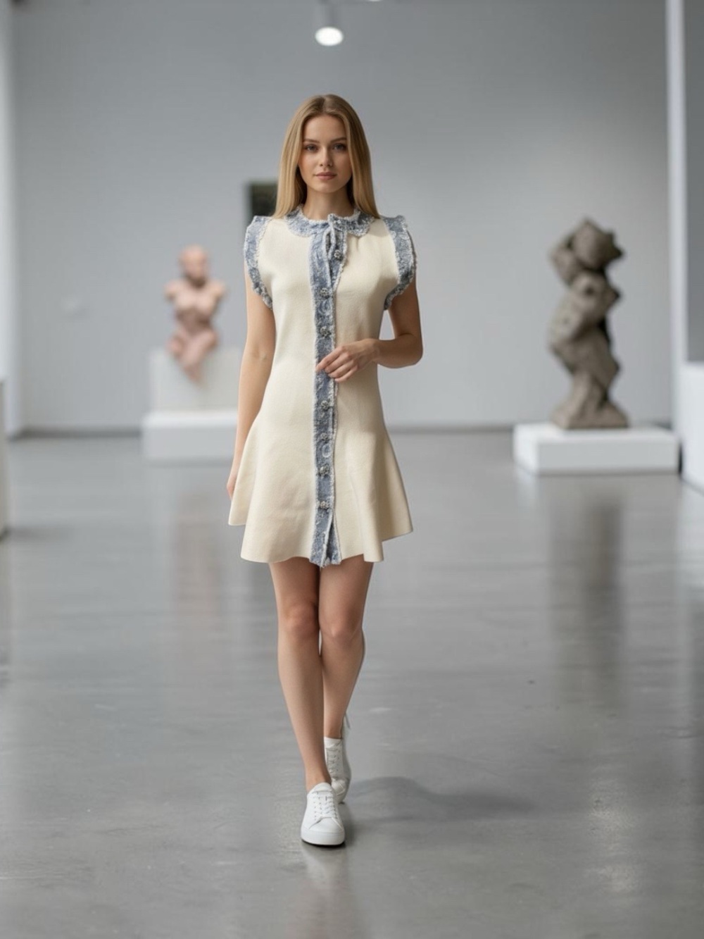 En Saison Ivory & Denim Trim Mini Dress